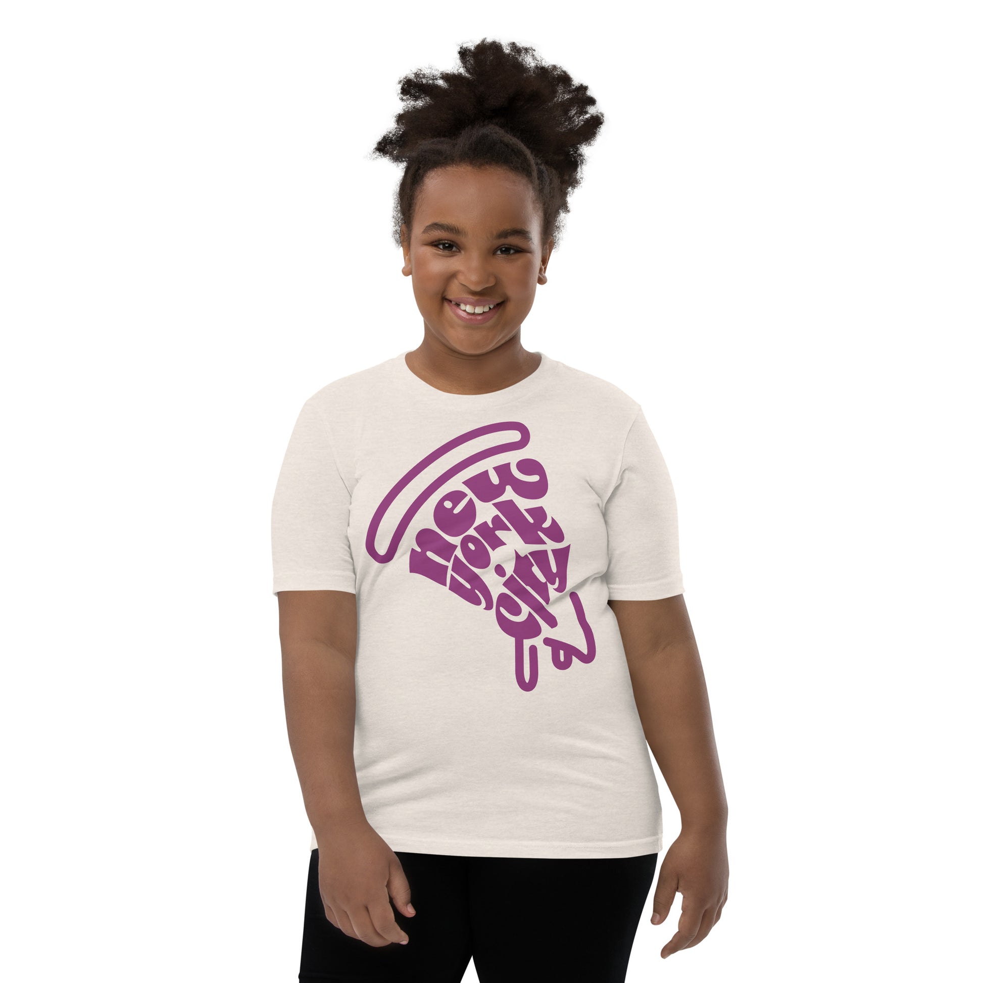 New York City Pizza Slice Purple Heather Dust Unisex kids tshirt - girls. City Crawl Adventures.