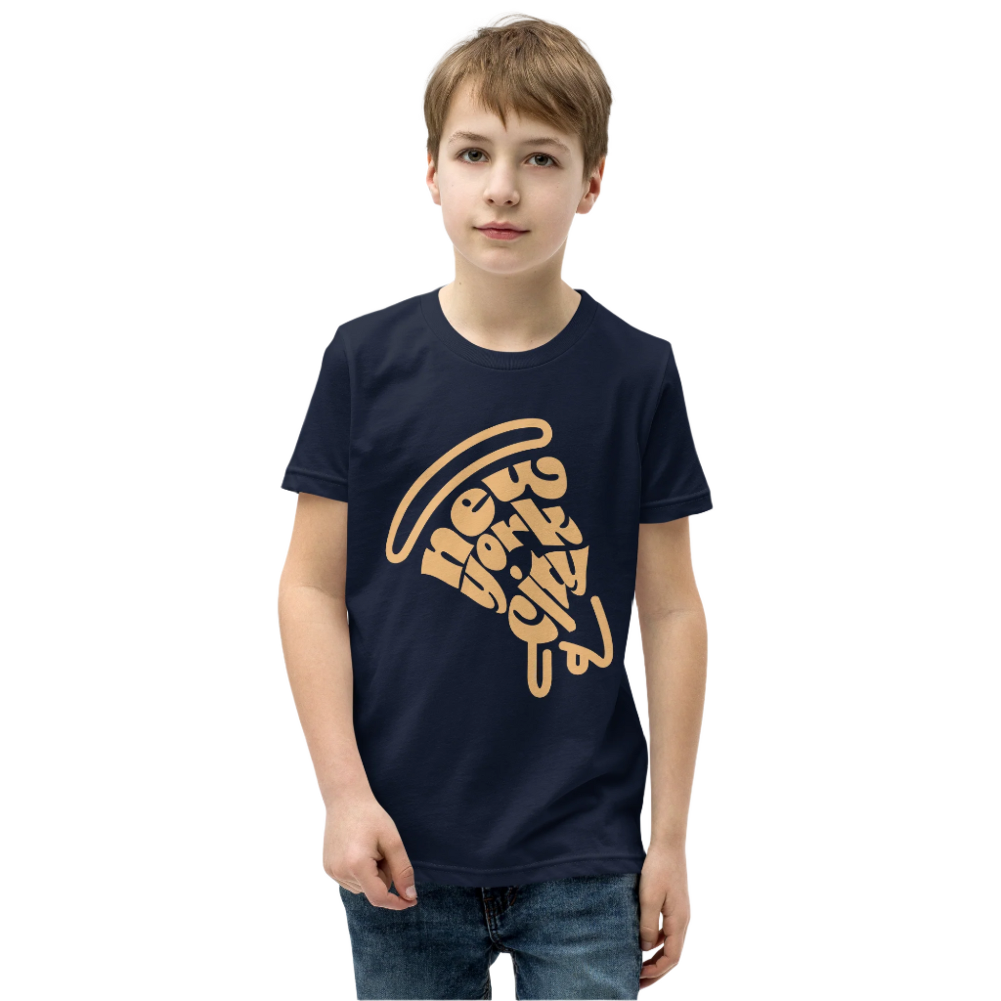 New York City Pizza Slice Navy Black Unisex kids tshirt - boys. City Crawl Adventures.