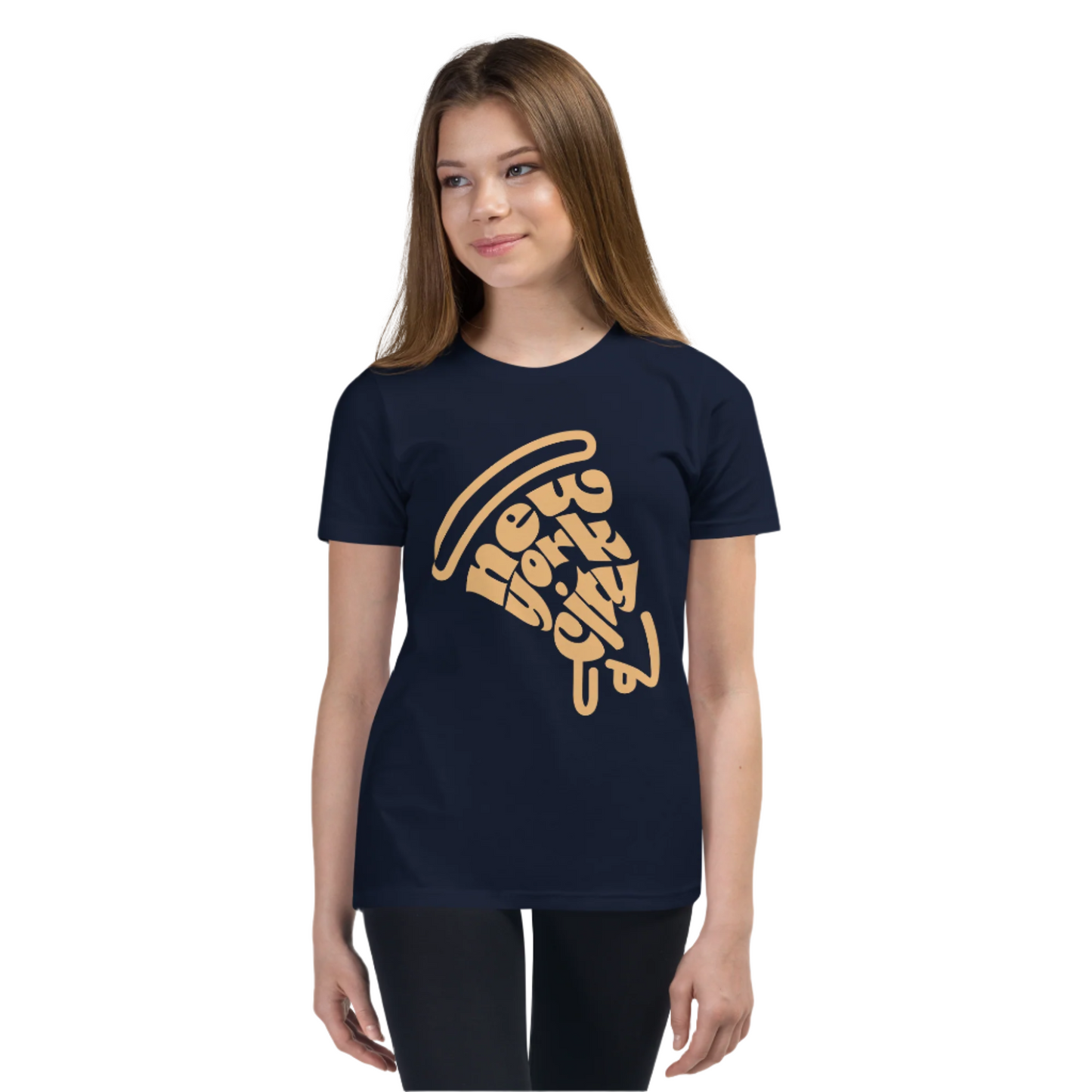 New York City Pizza Slice Orange Navy Unisex kids tshirt - girls. City Crawl Adventures.