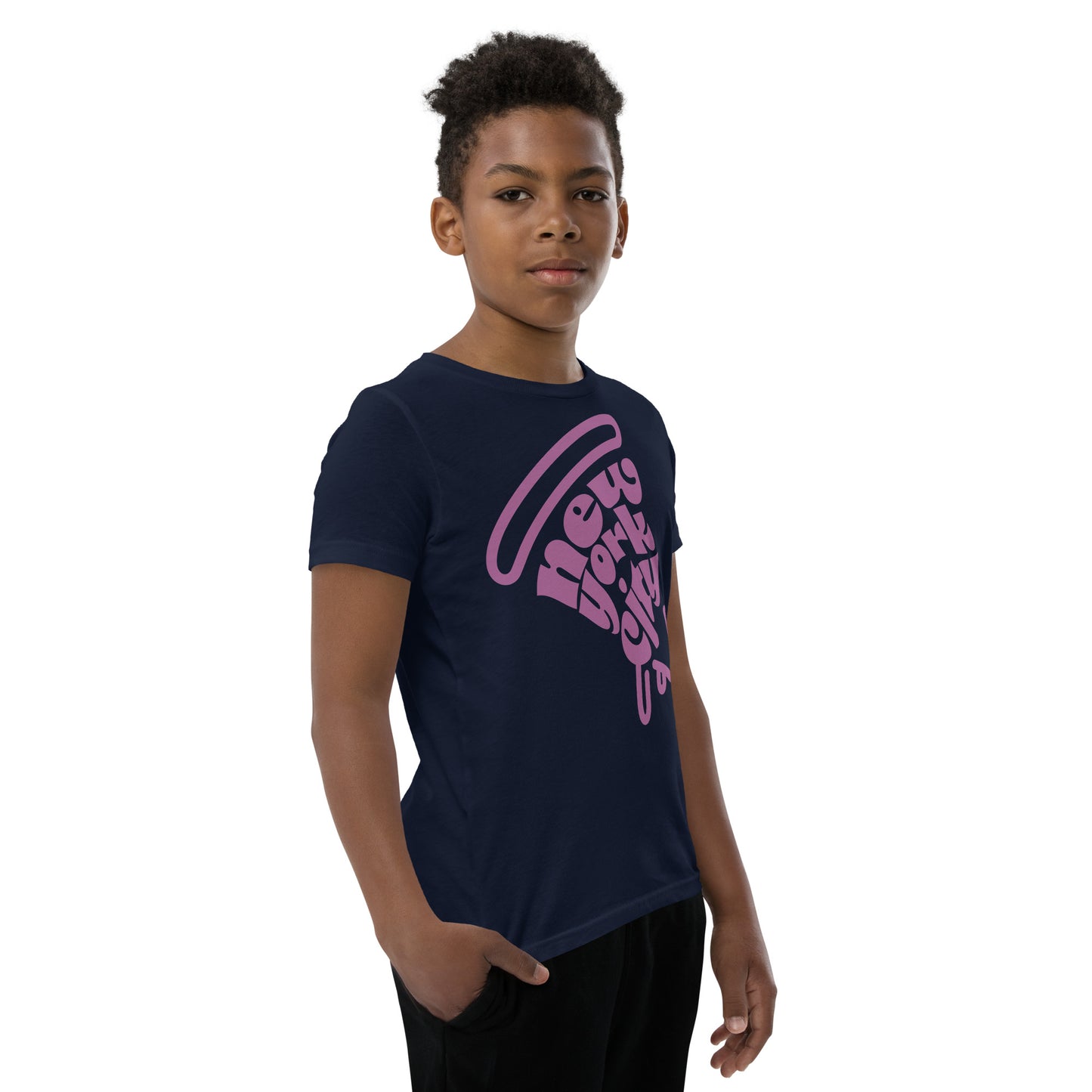 New York City Pizza Slice Purple Navy Unisex kids tshirt - boys. City Crawl Adventures.