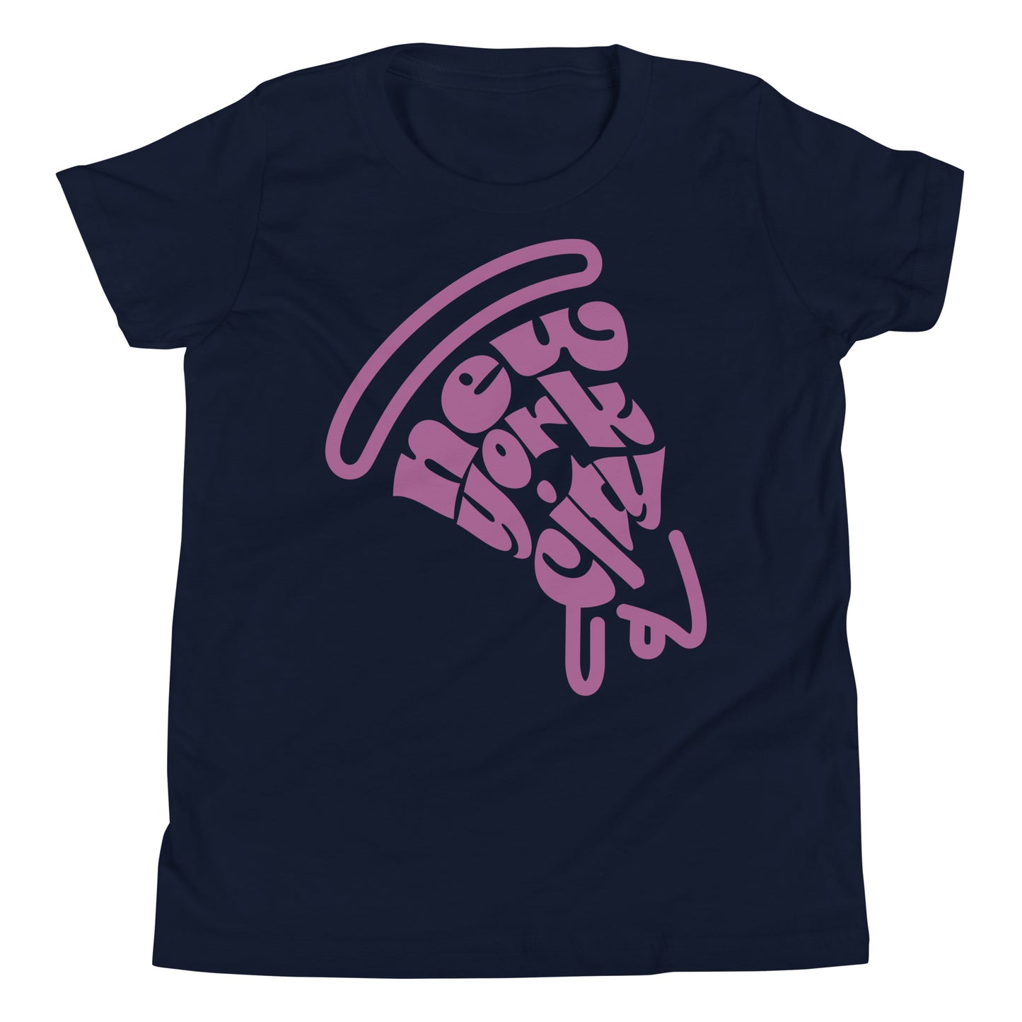 New York City Pizza Slice Purple Navy Unisex kids tshirt - flat lay. City Crawl Adventures.