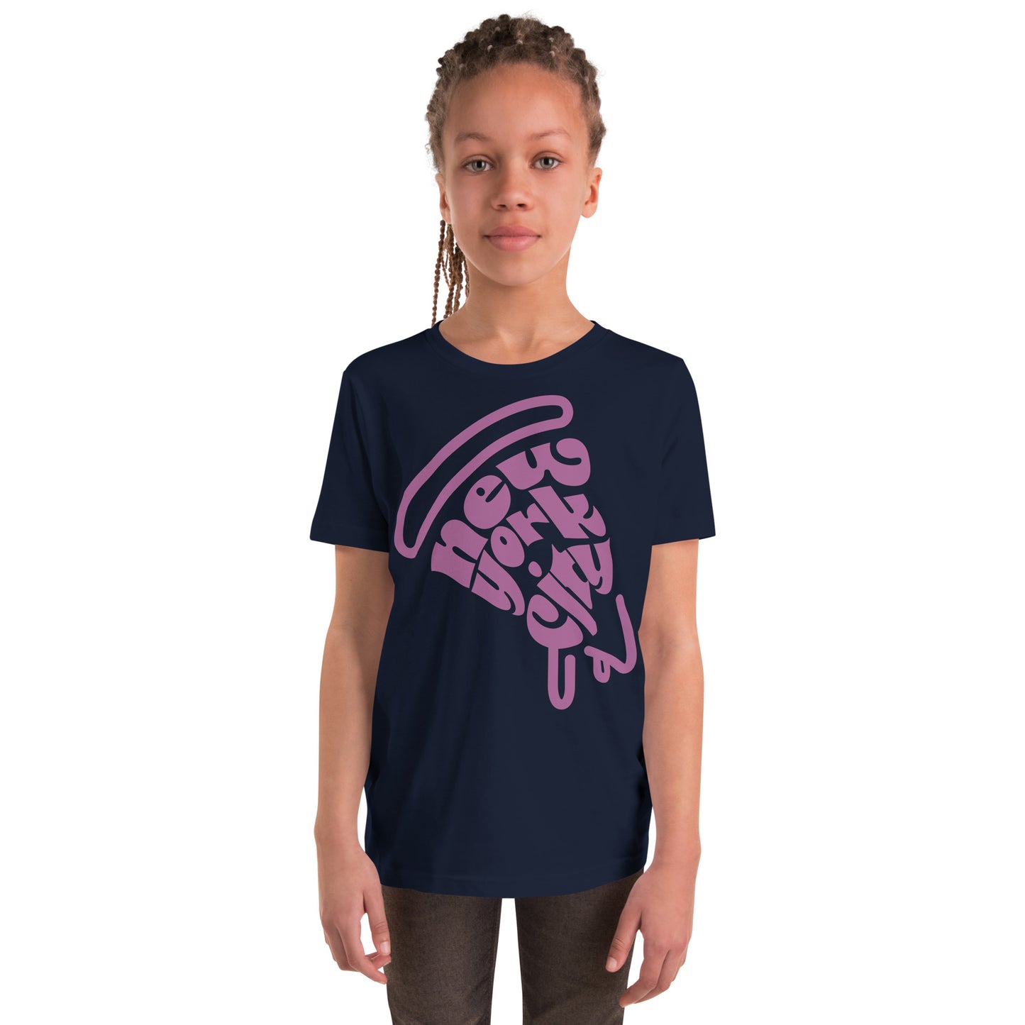 New York City Pizza Slice Purple Navy Unisex kids tshirt - girls. City Crawl Adventures.