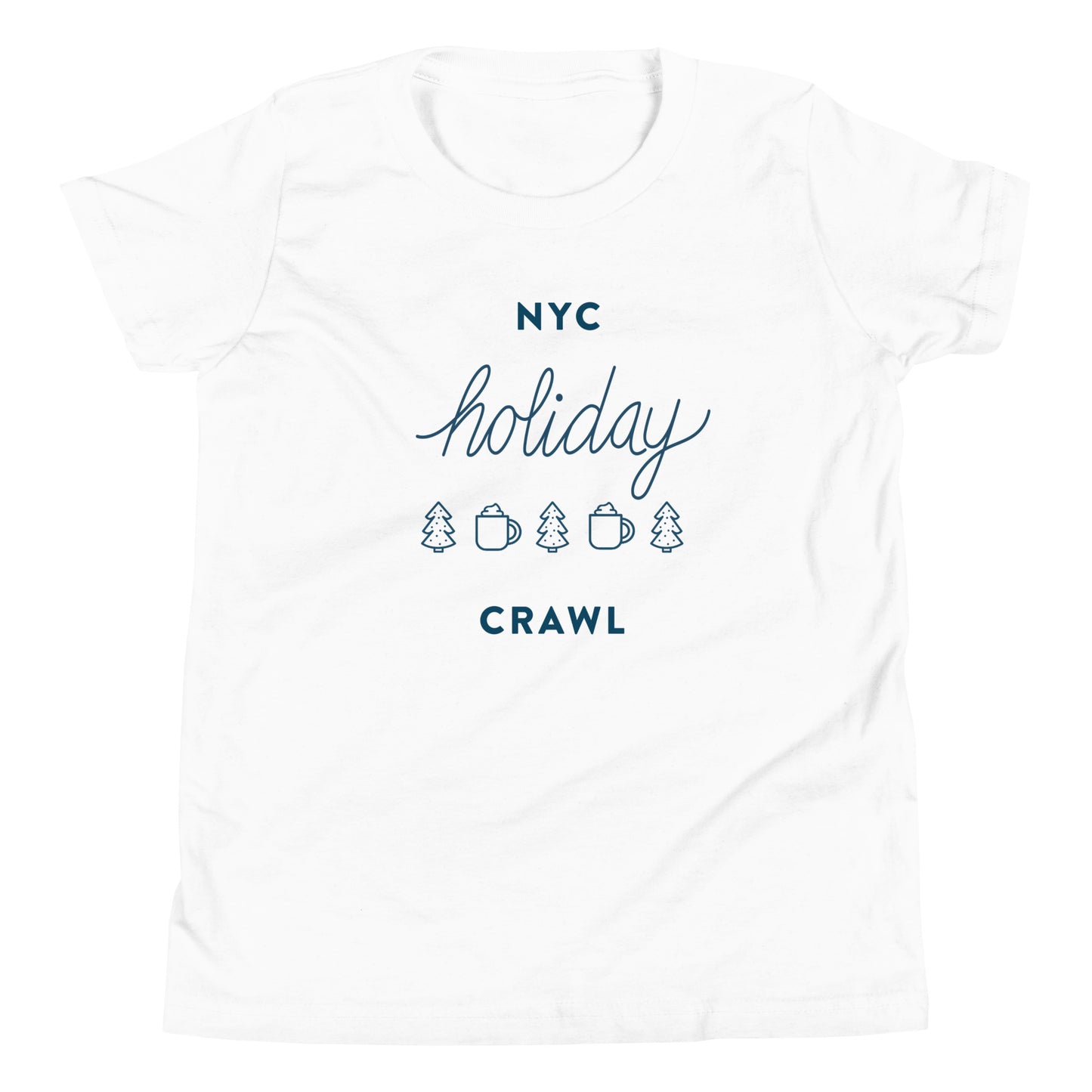 NYC holiday crawl WhiteUnisex kids tshirt - flat lay. City Crawl Adventures.