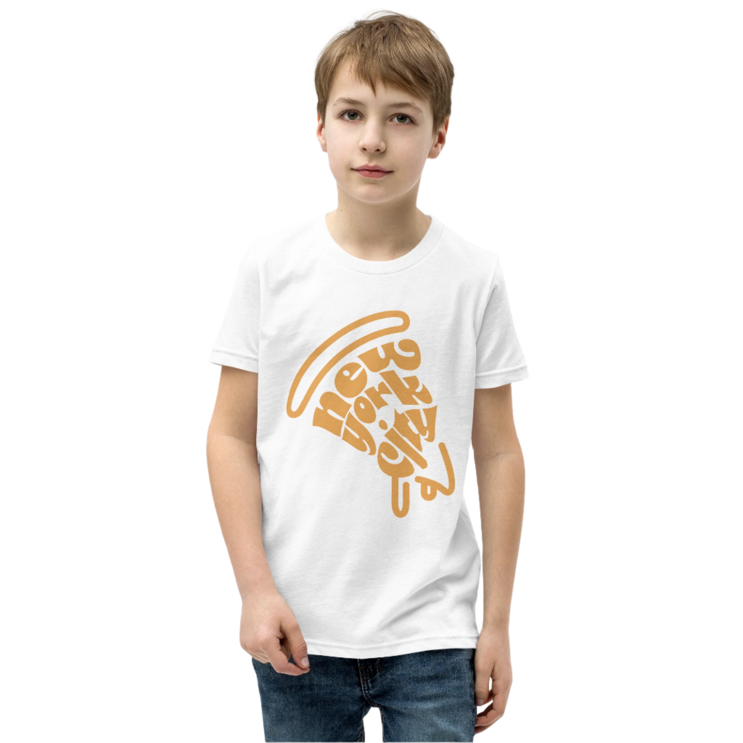 New York City Pizza Slice Orange White Unisex kids tshirt - boys. City Crawl Adventures.