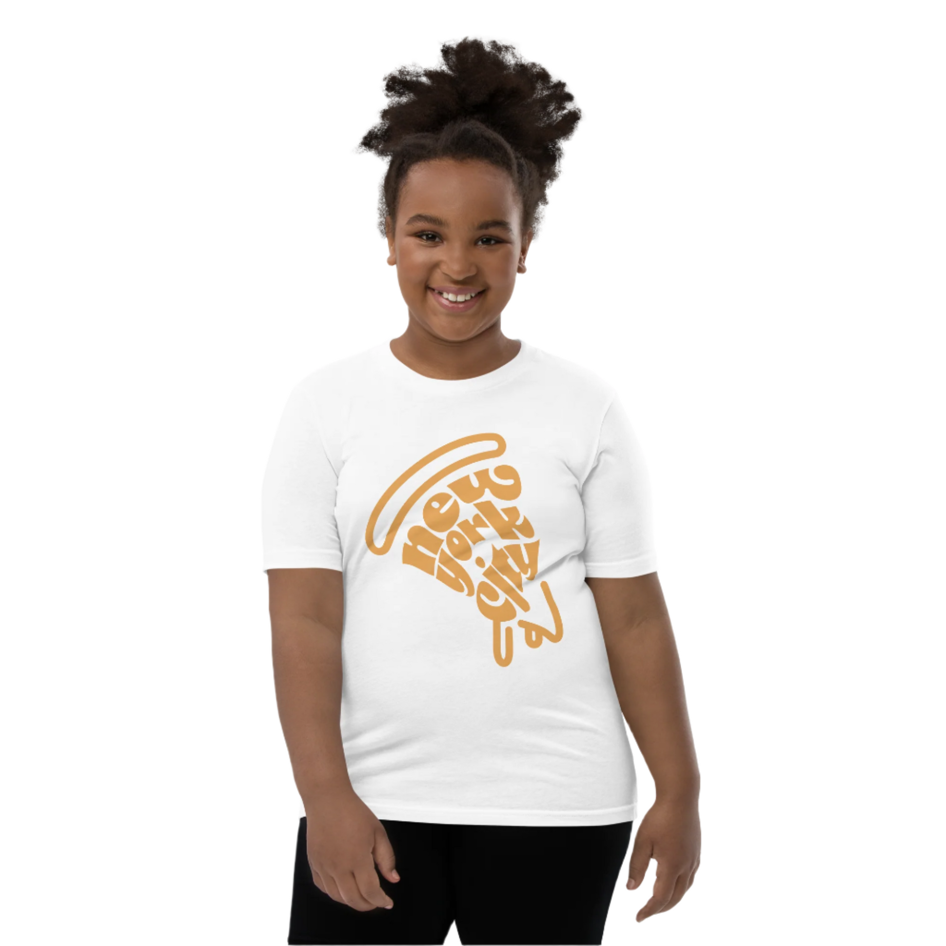 New York City Pizza Slice Orange White Unisex kids tshirt - girls. City Crawl Adventures.