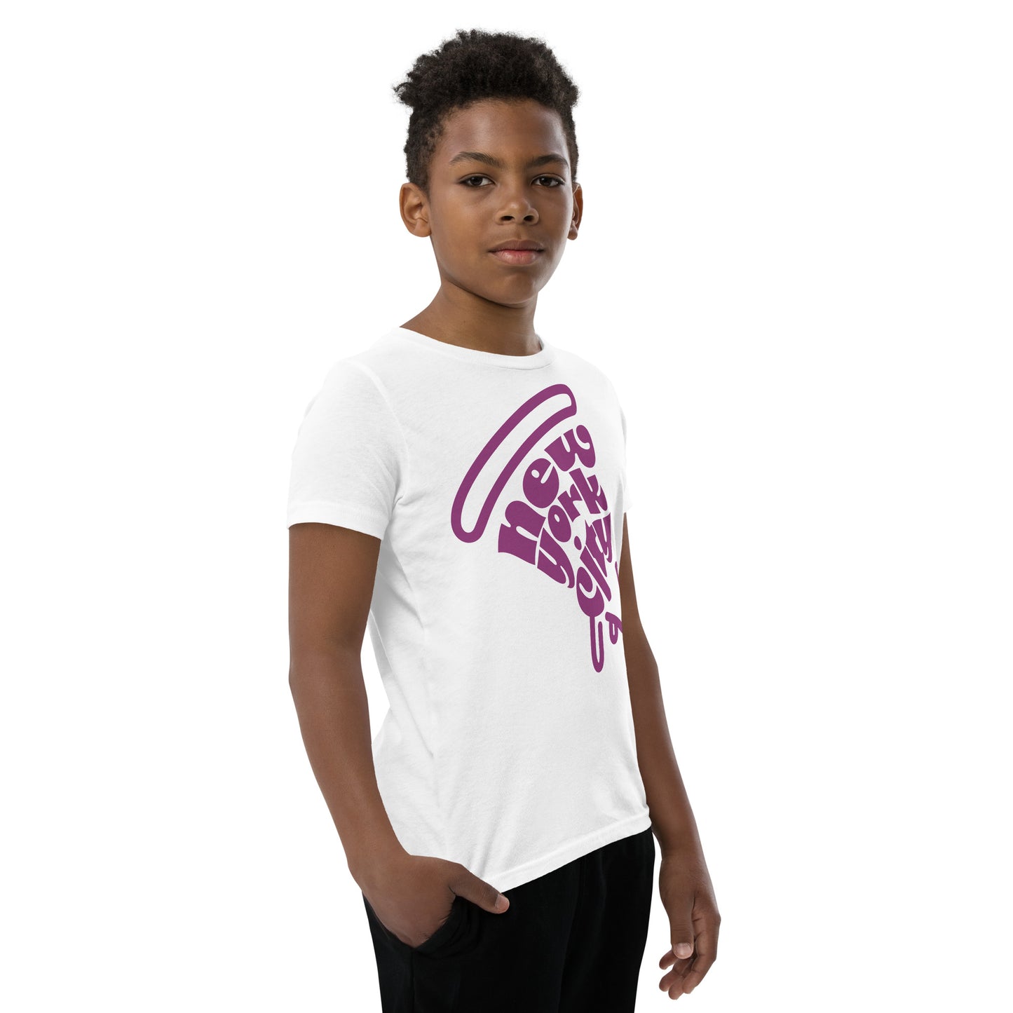 New York City Pizza Slice Purple White Unisex kids tshirt - boys. City Crawl Adventures.