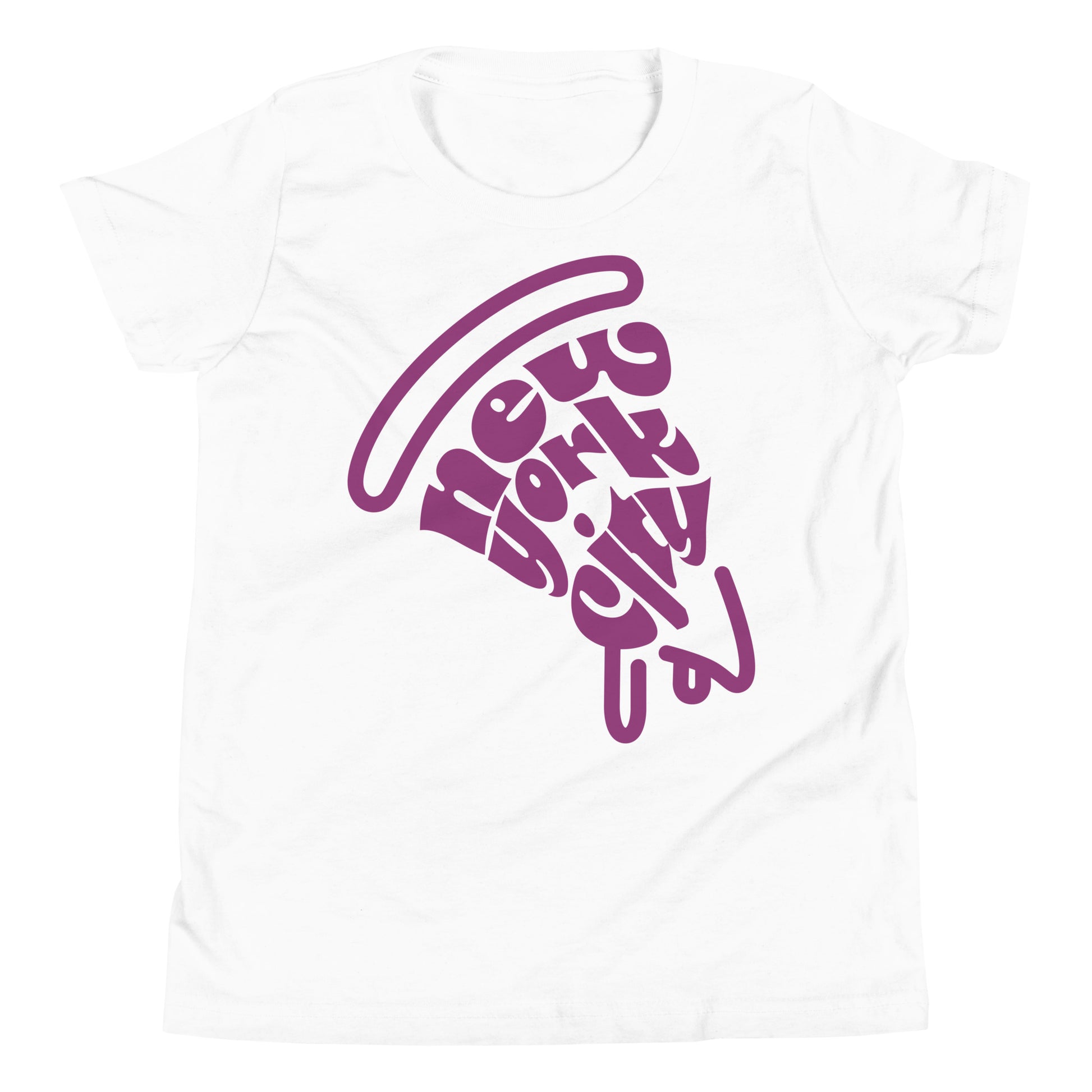 New York City Pizza Slice Purple White Unisex kids tshirt - flat lay. City Crawl Adventures.