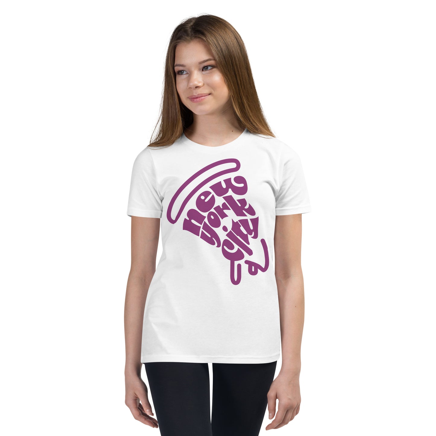 New York City Pizza Slice Purple White Unisex kids tshirt - girls. City Crawl Adventures.